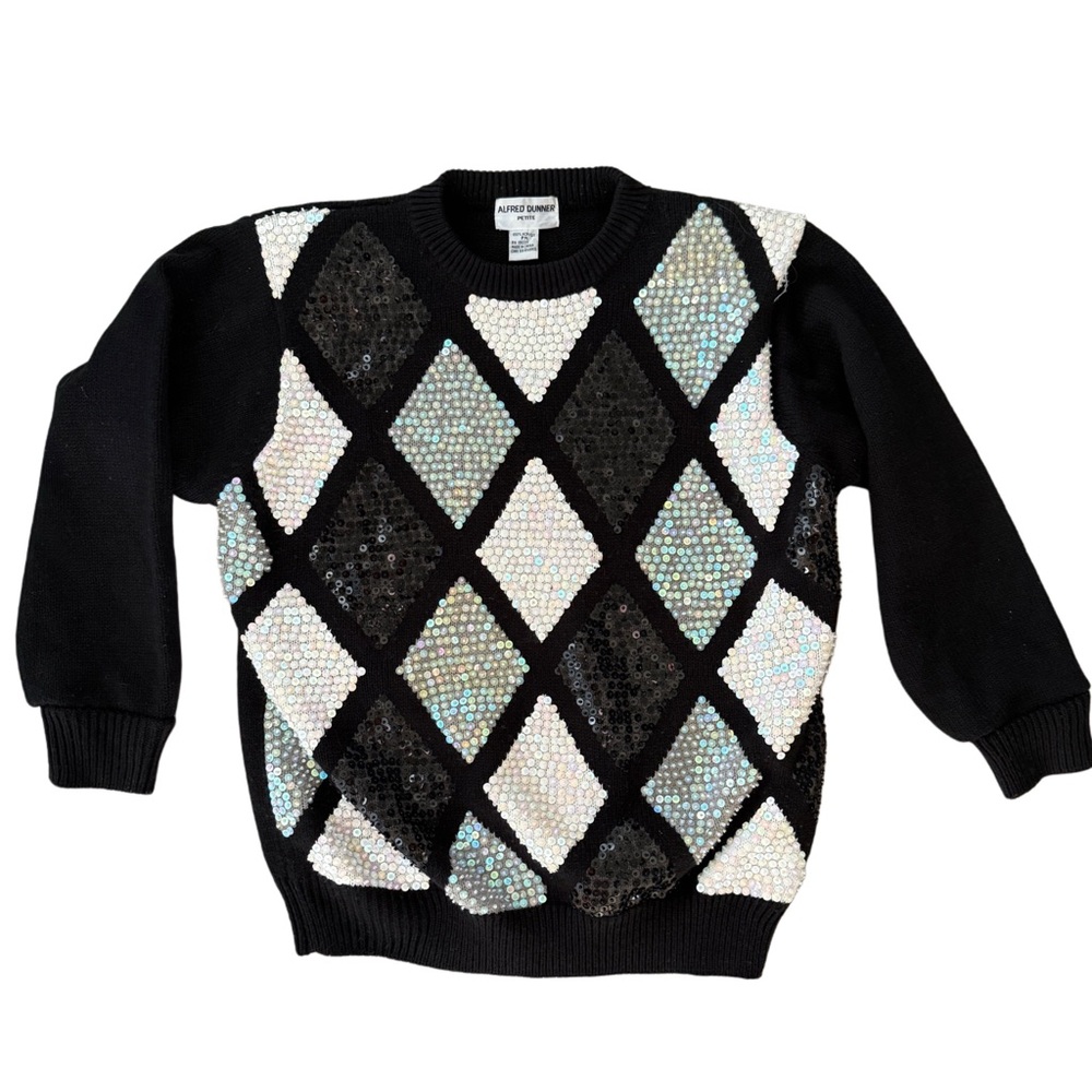Vintage Alfred dunner Black and White Argyle Sweater with Sequins petite medium